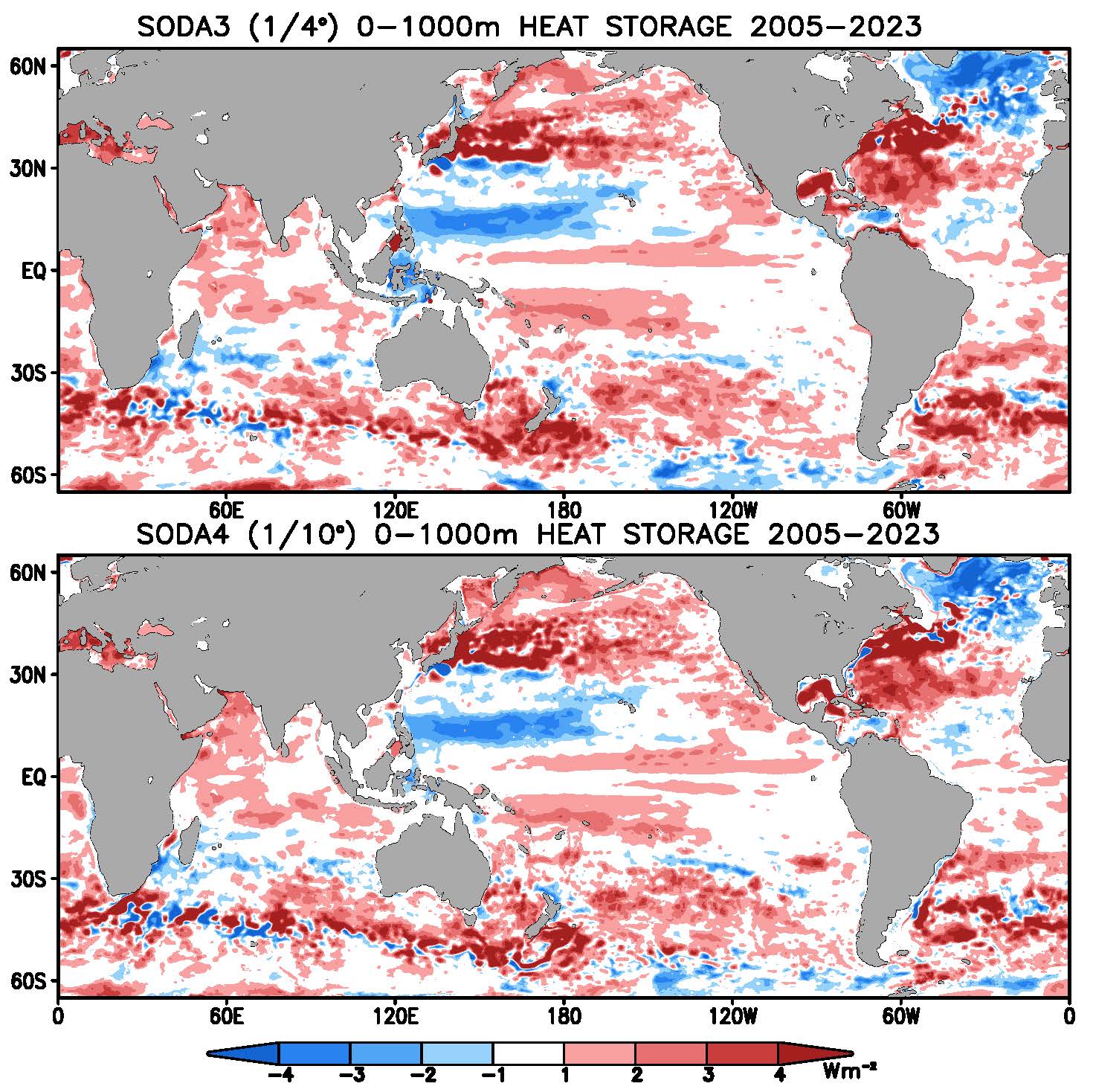 SODA3/4 0-1000m Heat storage averaged 2005-2024